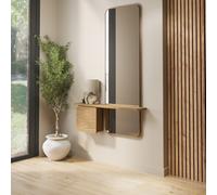 Slim & Narrow Oak Floating Console Table with Mirror & Storage - Izzi