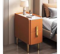 Slim Nightstand for Small Spaces | Modern Minimalist Bedside Table with PU Leather Finish Metal Legs & Double Drawer Storage | Chic Side Table for Bedrooms & Living Rooms