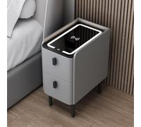 Slim Nightstand with Wireless Charging and LED Light, Wooden Smart Side Table for Storage, Ideal for Bedroom and Living Room in Small Spaces