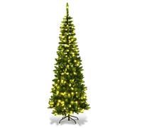 6Ft/1.8m Pre-Lit Artificial Slim Christmas Tree Green Pencil Tree, Pointed Tips, Metal Stand Warm White LEDs Lights Holiday Home Decorations
