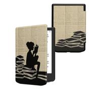 kwmobile Case Compatible with Pocketbook Verse/Verse Pro/Verse Color/Vivlio Light/Light HD Case - eReader Cover - Girl and Books Black/Beige