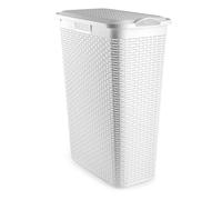 Slim Rattan Laundry Basket with Lid - 48.5 L Plastic Wicker-Style Hamper, Space-Saving & Durable Washing Bin for Bathroom, Bedroom or Utility Room (White)