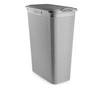 Slim Rattan Laundry Basket with Lid - 48.5 L Plastic Wicker-Style Hamper, Space-Saving & Durable Washing Bin for Bathroom, Bedroom or Utility Room (Grey)