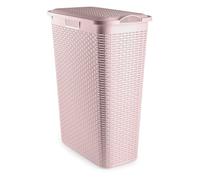 Slim Rattan Laundry Basket with Lid - 48.5 L Plastic Wicker-Style Hamper, Space-Saving & Durable Washing Bin for Bathroom, Bedroom or Utility Room (Pink)