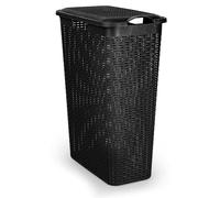 Slim Rattan Laundry Basket with Lid - 48.5 L Plastic Wicker-Style Hamper, Space-Saving & Durable Washing Bin for Bathroom, Bedroom or Utility Room (Black)