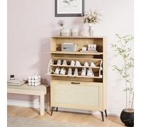 Slim Rattan Shoe Cabinet with 2 Flaps & Adjustable Shelves, Holds 10-20 Pairs, Entryway Storage Solution, Oak Finish, Space-Saving Shoe (80x24x114cm)