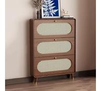 Slim Rattan Shoe Cabinet with 3 Flip Drawers Free Standing Shoe Rack for Entryway Hallway & Living Room Wooden Hidden Storage (90x18x120cm)