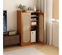 Slim Rattan Sideboard Storage Cabinet with Breathable Mesh Doors, Floor Standing Console Table for Entryway and Hallway, WiFi Router Hider Box