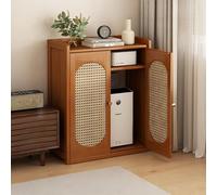 Slim Rattan Sideboard Storage Cabinet with Breathable Mesh Doors, Floor Standing Console Table for Entryway and Hallway, WiFi Router Hider Box