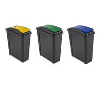 Slim Recycle Bin with Lid Plastic 25L Capacity Space Saving Home Rubbish Trash Waste Dustbin For Office Kitchen Garage Living Toilet Bath Caravan Camping (SET OF Blue, Yellow & Green, 25 L)