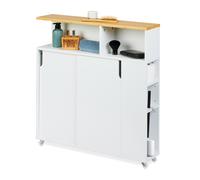Relaxdays Slim Rolling Cart, Toilet Brush Holder, 79x17x75 cm, Bathroom Storage Trolley, MDF, Bamboo, White/Natural, Fibreboard, Plastic