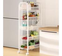 Slim Rolling Fruit Cart Fruit Vegetable Basket Holder Stand with Detachable Drainer Baskets with 6 Hooks & 2 Side Rack, Fruit Rack, Shelving Organizer for Kitchen Bathrooom (White, 5-Layers)