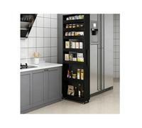 Slim Rolling Kitchen Cart 7-Tier Narrow Storage Rack & Pantry for Small Spaces Black Wooden Utility Trolley for Fridge & Dining Room (20x55x184cm/8x22x72in)