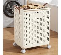 Slim Rolling Laundry Basket with Wheels, Clothes Hamper with Handle, Ventilated Mesh Sides for Bathroom, Bedroom, Utility Room, Narrow Laundry Storage Spaces, 37.7 x 31 x 45.4 cm (Beige)