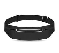 Slim Running Belt for Phone - Thin Reflective Waterproof Waist Pack with 3 Pockets - Secure Fit for Running, Gym, Travel (Black)