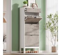 Slim Shoe Cabinet with 3 Doors & 1 Drawer - Modern Design Adjustable Shelves Perfect for Hallway & Entryway Holds 12-18 Pairs of Shoes - White & Gray Contrast Color