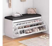 Slim Shoe Storage Bench with Lid Entryway Shoe Rack with Tilt Function Closed Seating for Living Room Modern White Shoe Cabinet