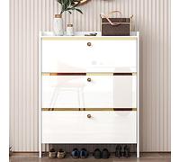 Slim Shoe Storage Cabinet with 3 Flip Drawers - Free Standing Wooden Hallway Cupboard, Narrow Tall Rattan Sideboard for Organized Entryway, Space-Saving Design