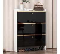 Slim Shoe Storage Cabinet with 3 Flip Drawers, Free Standing Wooden Shoe Organizer, Tall Rattan Sideboard for Hallway, Narrow Cupboard for Entryway, Stylish Shoe Rack