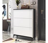 Slim Shoe Storage Cabinet with 3 Flip Drawers - Modern White/Grey Multi-Layer Shoe Rack, Tall Narrow Hallway Cupboard, Stylish Rattan Sideboard for Entryway Organization