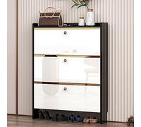 Slim Shoe Storage Cabinet with 3 Flip Drawers, Tall Wooden Shoe Organizer for Hallway, Narrow Rattan Sideboard, Free-Standing Cupboard for Efficient Shoe Management