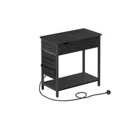 Slim Side Table, Bedside Table with Charging Station, Black