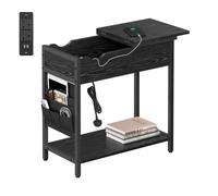Slim Side Table, Bedside Table with Charging Station, Black