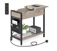 Slim Side Table, Bedside Table with Charging Station, Gray