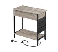Slim Side Table, Bedside Table with Charging Station, Gray