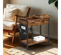 Slim Side Table, Bedside Table with Charging Station, Rustic Brown + Black