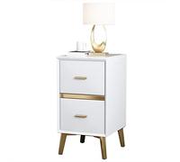 Slim Side Table | Faux Leather Nightstand with 2 Drawers | Compact Night Desk with Sintered Stone Top for Small Spaces Pure White 50 x 35 x 55 cm (19.6")