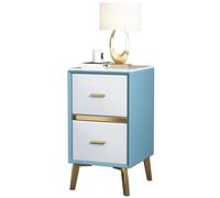 Slim Side Table Nightstand | Microfiber Leather End Table with 2 Drawers | Small Space Nightstand with Sintered Stone Top Sky Blue & Pure White 35 x 35 cm