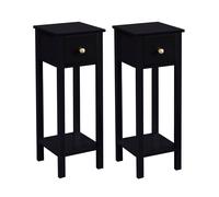 Slim Solid Wooden Bedside Table, Set of 2 Small Narrow Side End Tables, Modern Narrow Bedroom Nightstand with Open Shelf and Drawer Amelia BLACK