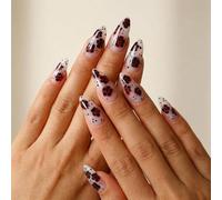 Slim Stiletto Nail Tips with Red Black Floral Pattern and Glossy Dots - Translucent White Base Medium Length Full Cover Stick On Nails for Women Easy Wear Reusable Natural Look