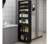 Slim Storage Cart 7-Tier Kitchen Shelf 1.6cm Thick Wooden Frame with 4 Wheels Space-Saving Rack for Small Spaces Kitchen Bakery Pantry Dining Room (Black 25 * 55 * 184cm)