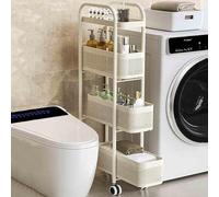 Slim Storage Cart, Narrow Wheeled Kitchen Cart with Pull-Out Basket, Bathroom and Laundry Room Slide-Out Storage Cart, White
