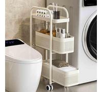 Slim Storage Cart, Narrow Wheeled Kitchen Cart with Pull-Out Basket, Bathroom and Laundry Room Slide-Out Storage Cart, White