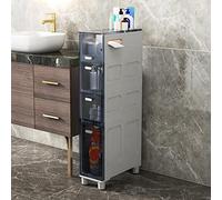 Slim Tall Bathroom Cabinet with 5 Clear Drawers and Casters, Space Saving Storage Solution for Small Spaces, Freestanding Organizer