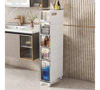Slim Tall Bathroom Cabinet with 5 Clear Drawers and Casters, Space Saving Storage Solution for Small Spaces, Freestanding Organizer