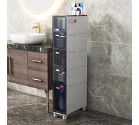 Slim Tall Bathroom Cabinet with 5 Clear Drawers and Casters, Space Saving Storage Solution for Small Spaces, Freestanding Organizer