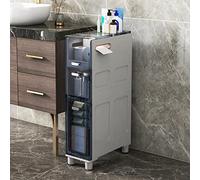 Slim Tall Bathroom Cabinet with 5 Clear Drawers and Casters, Space Saving Storage Solution for Small Spaces, Freestanding Organizer