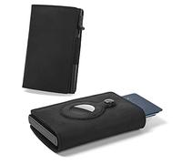 Slim Wallet for Air Tag| Genuine Leather RFID Credit Card Money Holder Automatic Pop up Mini Aluminum Wallet | Pocket-Sized and Slim Design Multipurpose Accessory for AirTag Case Cover for Men…, Black