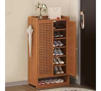 Slim White Rattan Shoe Cabinet - 8-Tier Bamboo Shoe Storage with Doors Space-Saving Shoe Shelves for Hallways Stylish Brown Shoe Cupboard - 59×32×110cm