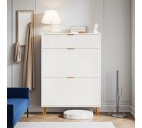 Slim White Shoe Cabinet with Folding Drawers 3 Depths Shoe Entryway Storage Shelf Hallway Shoe Rack for Efficient Space Saving and Stylish Home Décor