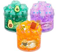 Slime Kit - 3 Pack Jelly Cube Clear Crunchy Slime with Avocado, Honeycomb and Lavender Bear Charms, Preppy Aesthetic Stuff, Cute Stress Toys Cool Birthday Gifts for Girls and Boys