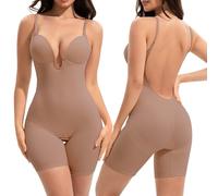 Slimers Backless Shapewear Tummy Control: Low Back Plunge Shapewear Bodysuit - Slimming Built-In Bra Full Body shaper Woman, Skin-pink, Medium