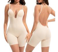 Slimers Backless Shapewear Tummy Control: Low Back Plunge Shapewear Bodysuit - Slimming Built-In Bra Full Body shaper Woman, Beige, Small