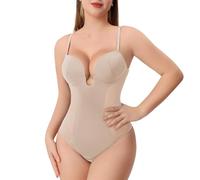 Thong Shapewear for Women Tummy Control Low Back U Plunge Backless Body Shaper Bra Faja with Open Crotch Bodysuit, Beige, Medium