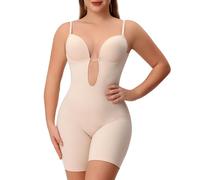 Slimers Women Backless Shapewear Bodysuit Tummy Control Full Body Shaper Low Back V Neck Shaping Bodysuit With Built In Bra, Beige, Medium