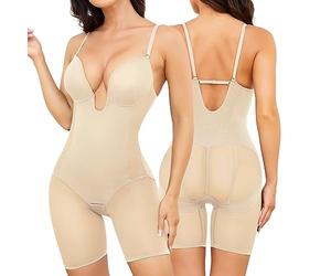 Slimers Women Shapewear Backless Body Bra Shaper Womens Plus Size Plunge Invishaper Low Back Thong Bodysuits Open Crotch Daily Use, Beige, Small